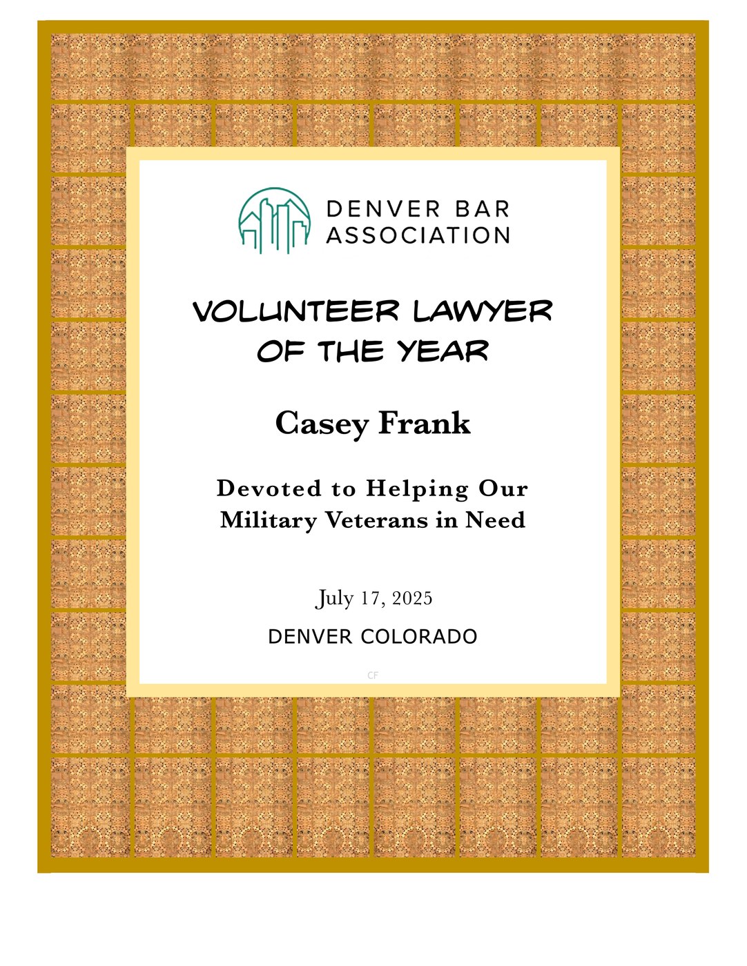 Denver Bar Association Volunteer of the Year certificate